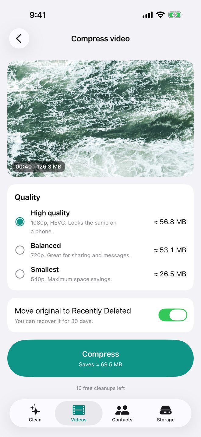 Video compression screen with quality options and estimated sizes