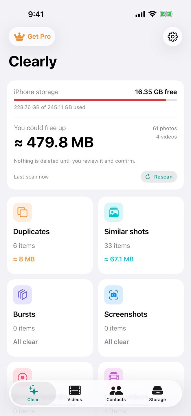 Clearly home screen showing how much storage can be freed, with categories for duplicates, similar shots, bursts and screenshots