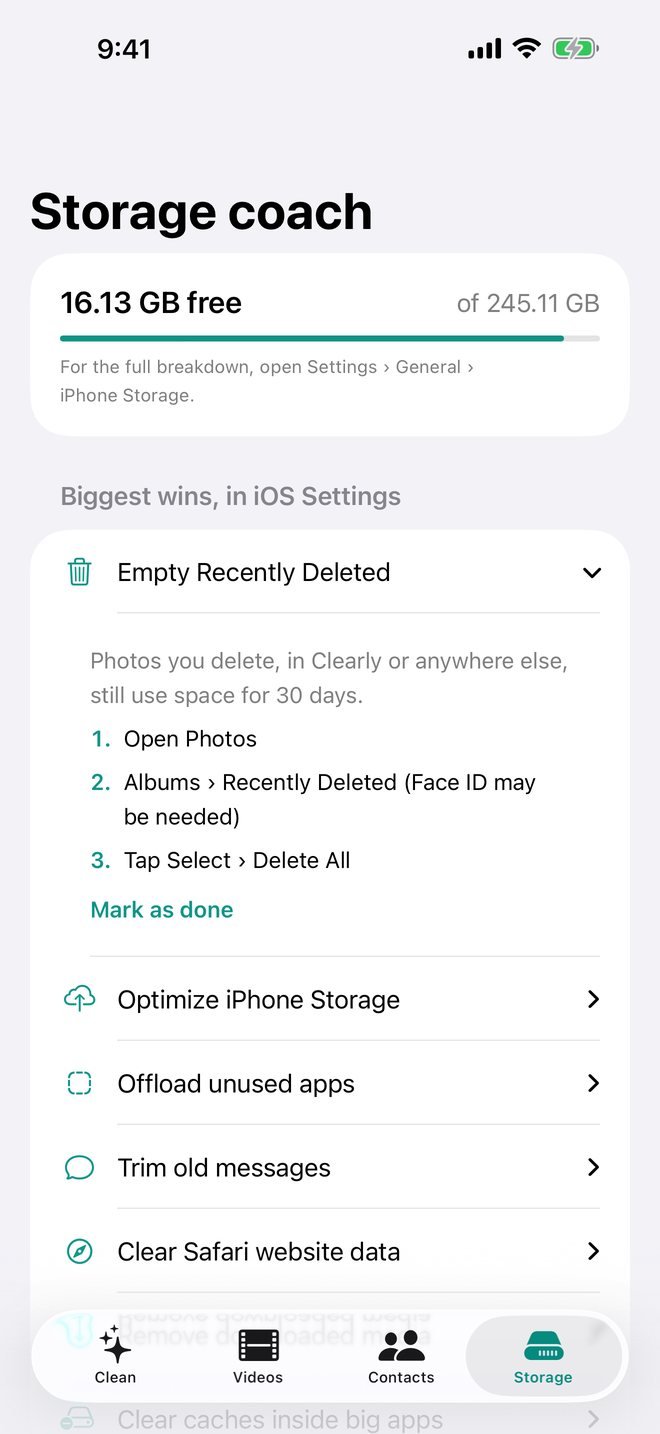 Storage coach with step-by-step iOS settings tips